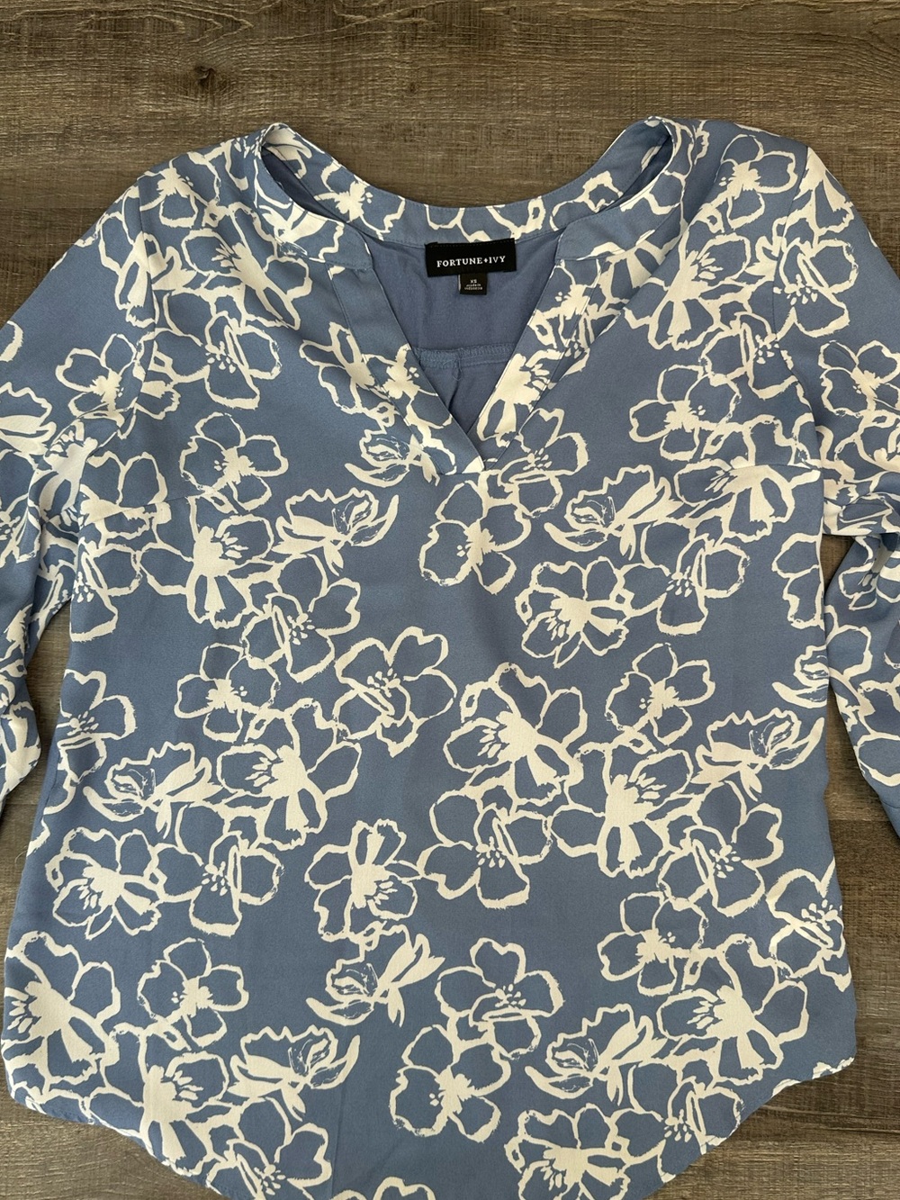 Vineyard V-Neck Floral Blouse in Dusty Blue by Fortune + Ivy, 3/4 Sleeves XS